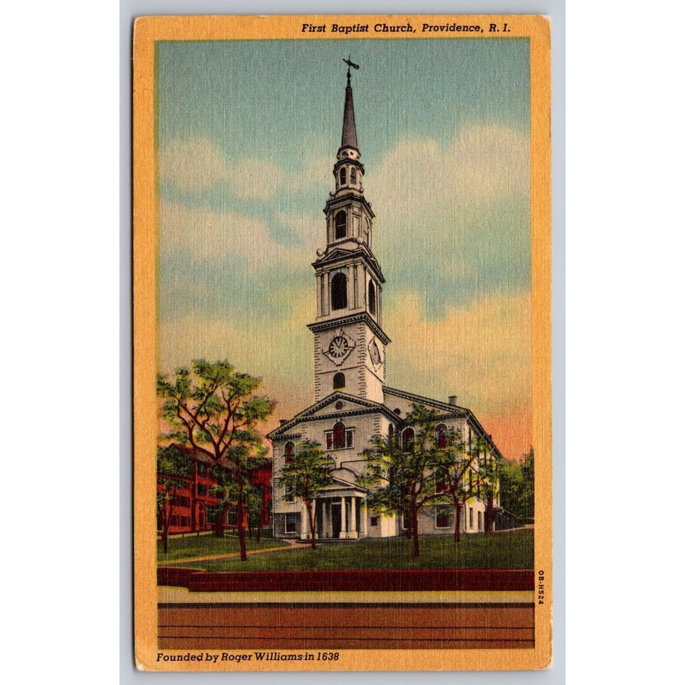 First Baptist Church Providence RI Linen Postcard 1940 Roger Williams 1638